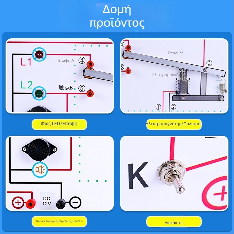 Πλακέτα επίδειξης ηλεκτρομαγνητικού ρελέ για τη διδασκαλία της Φυσικής — Κυκλώματα κανονικά ανοιχτά και κανονικά κλειστά