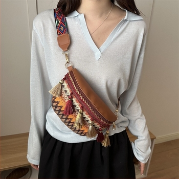 Γυναικεία τσάντα σε εθνο-στυλ, ώμου/ crossbody με φούντες, μικρή τσάντα, 2026 άνοιξη-καλοκαίρι