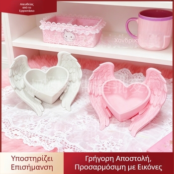 3D εκτυπωμένος ροζ οργανωτής γραφείου με καρδιά και φτερά, διακοσμητικό για κοσμήματα