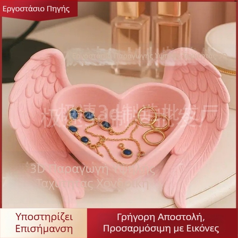 3D εκτυπωμένος ροζ οργανωτής γραφείου με καρδιά και φτερά, διακοσμητικό για κοσμήματα