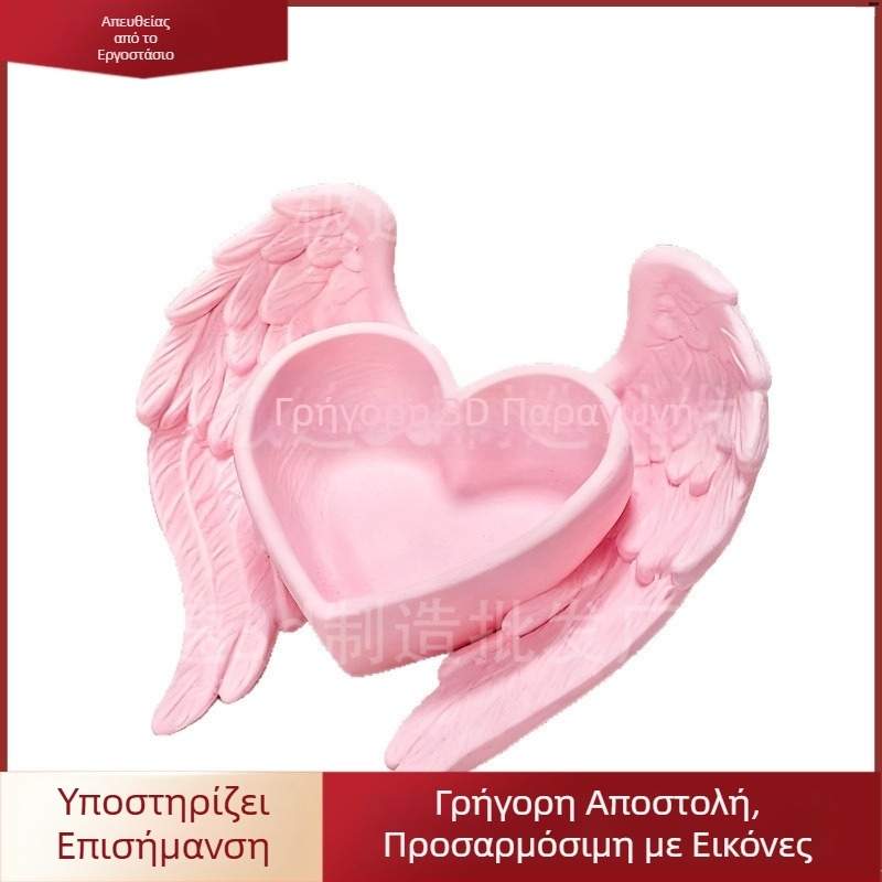 3D εκτυπωμένος ροζ οργανωτής γραφείου με καρδιά και φτερά, διακοσμητικό για κοσμήματα