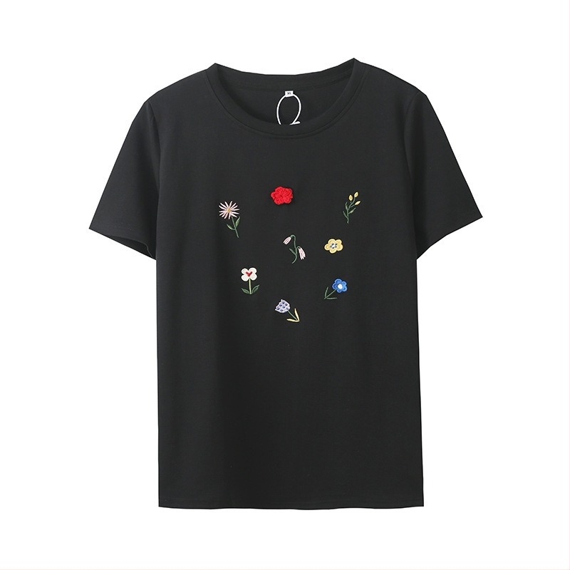 Mu Jun Γυναικεία T‑shirt σε μεγάλο μέγεθος με κέντημα λουλουδιών, στρογγυλός λαιμός, άνοιξη 2025, κωδικός 132041