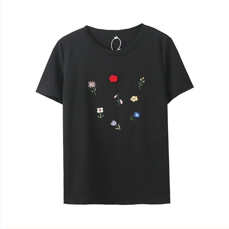 Mu Jun Γυναικεία T‑shirt σε μεγάλο μέγεθος με κέντημα λουλουδιών, στρογγυλός λαιμός, άνοιξη 2025, κωδικός 132041