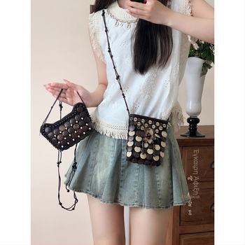 Καφέ τσάντα crossbody από κοχύλι καρύδας με φούντες, υφαντή, γυναικεία μποέμικο-εθνοτικό ρετρό στυλ, πορτοφόλι για κέρματα, μικρή τσάντα στον ώμο