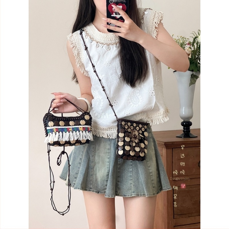 Καφέ τσάντα crossbody από κοχύλι καρύδας με φούντες, υφαντή, γυναικεία μποέμικο-εθνοτικό ρετρό στυλ, πορτοφόλι για κέρματα, μικρή τσάντα στον ώμο