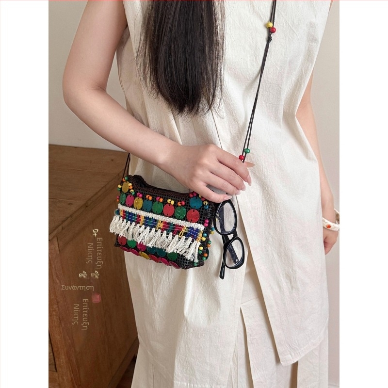 Καφέ τσάντα crossbody από κοχύλι καρύδας με φούντες, υφαντή, γυναικεία μποέμικο-εθνοτικό ρετρό στυλ, πορτοφόλι για κέρματα, μικρή τσάντα στον ώμο