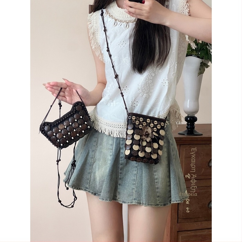 Καφέ τσάντα crossbody από κοχύλι καρύδας με φούντες, υφαντή, γυναικεία μποέμικο-εθνοτικό ρετρό στυλ, πορτοφόλι για κέρματα, μικρή τσάντα στον ώμο