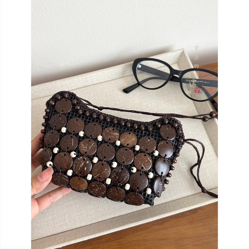 Καφέ τσάντα crossbody από κοχύλι καρύδας με φούντες, υφαντή, γυναικεία μποέμικο-εθνοτικό ρετρό στυλ, πορτοφόλι για κέρματα, μικρή τσάντα στον ώμο