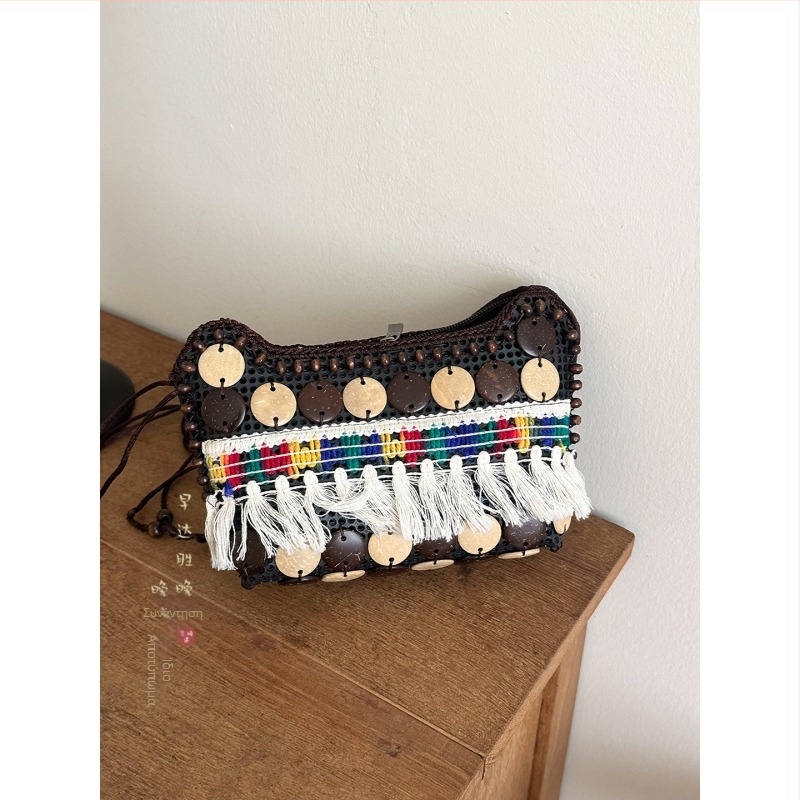 Καφέ τσάντα crossbody από κοχύλι καρύδας με φούντες, υφαντή, γυναικεία μποέμικο-εθνοτικό ρετρό στυλ, πορτοφόλι για κέρματα, μικρή τσάντα στον ώμο