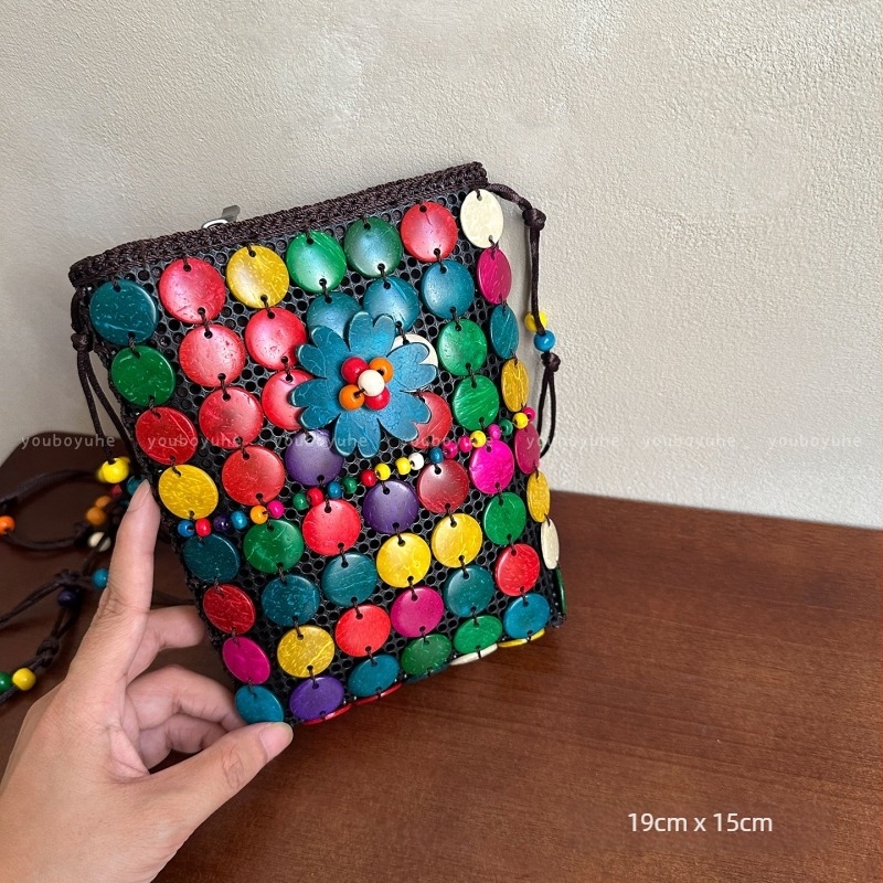 Καφέ τσάντα crossbody από κοχύλι καρύδας με φούντες, υφαντή, γυναικεία μποέμικο-εθνοτικό ρετρό στυλ, πορτοφόλι για κέρματα, μικρή τσάντα στον ώμο