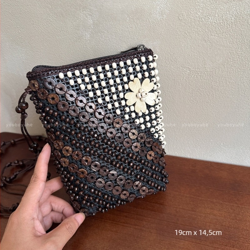 Καφέ τσάντα crossbody από κοχύλι καρύδας με φούντες, υφαντή, γυναικεία μποέμικο-εθνοτικό ρετρό στυλ, πορτοφόλι για κέρματα, μικρή τσάντα στον ώμο