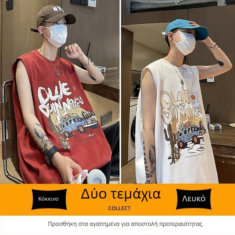 Ανδρικό αμάνικο T‑shirt σε αμερικανικό street style, ελαφρύ καλοκαίρι, άνετη γραμμή, αθλητικό εξωτερικό ρούχο, μοντέλο 12