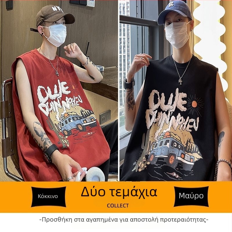 Ανδρικό αμάνικο T‑shirt σε αμερικανικό street style, ελαφρύ καλοκαίρι, άνετη γραμμή, αθλητικό εξωτερικό ρούχο, μοντέλο 12