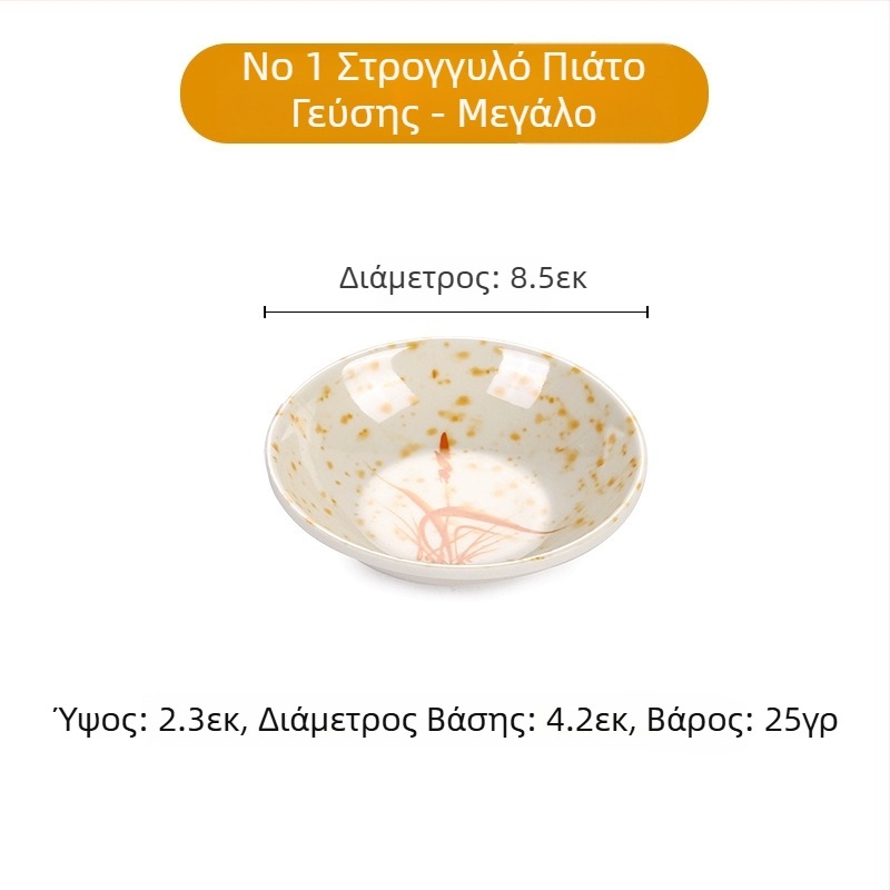 Σετ πιάτων από μελαμίνη με ανθογραφία, εμφάνιση πορσελάνης, διάμετρος 14 cm· περιλαμβάνει πιάτο για σάλτσα, πιάτο για ξύδι, πιάτο για λάδι, πιάτο σνακ και μικρό μπολάκι γευσιγνωσίας