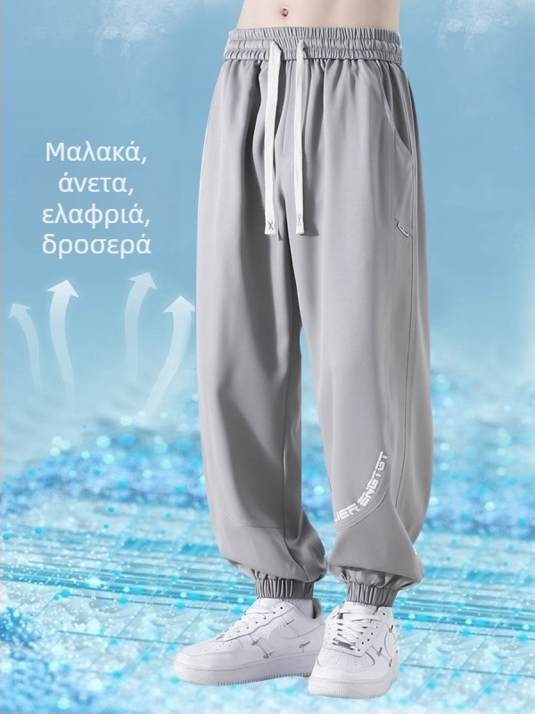 Ανδρικά jogger παντελόνια από Ice Silk, Καλοκαίρι 2025, λεπτά και γρήγορα στο στέγνωμα, φαρδιά γραμμή, κοντό μήκος, μεσαία μέση, χωρίς ζώνη, κλείσιμο με κορδόνι, print με γράμματα, ελαστικό πολυεστέρας