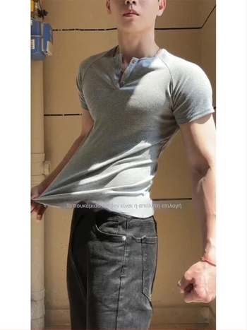 Γκρι Henley T-shirt με κοντό μανίκι για άνδρες, slim-fit