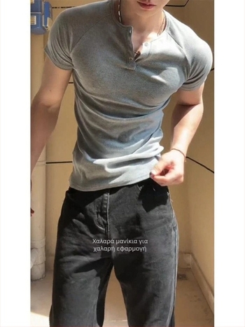 Γκρι Henley T-shirt με κοντό μανίκι για άνδρες, slim-fit