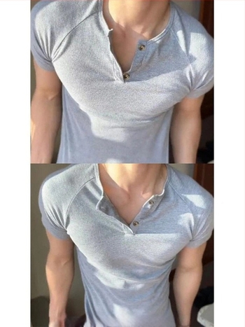 Γκρι Henley T-shirt με κοντό μανίκι για άνδρες, slim-fit