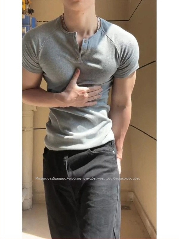 Γκρι Henley T-shirt με κοντό μανίκι για άνδρες, slim-fit