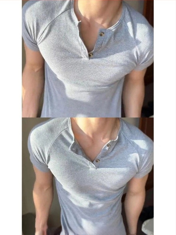 Γκρι Henley T-shirt με κοντό μανίκι για άνδρες, slim-fit