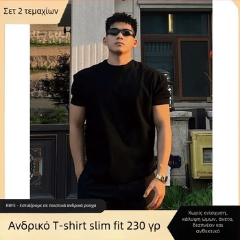Ανδρικό T-shirt γυμναστικής με βαρύ αμερικάνικο στυλ, Slim-fit, κοντό μανίκι, μαύρο, καλοκαίρι.