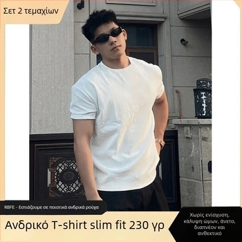 Ανδρικό T-shirt γυμναστικής με βαρύ αμερικάνικο στυλ, Slim-fit, κοντό μανίκι, μαύρο, καλοκαίρι.