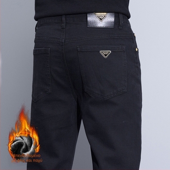 Ανδρικά jeans για φθινόπωρο/χειμώνα, κοπή slim-straight, μαύρα, επενδυμένα με fleece, χοντρά, ελαστικά, casual