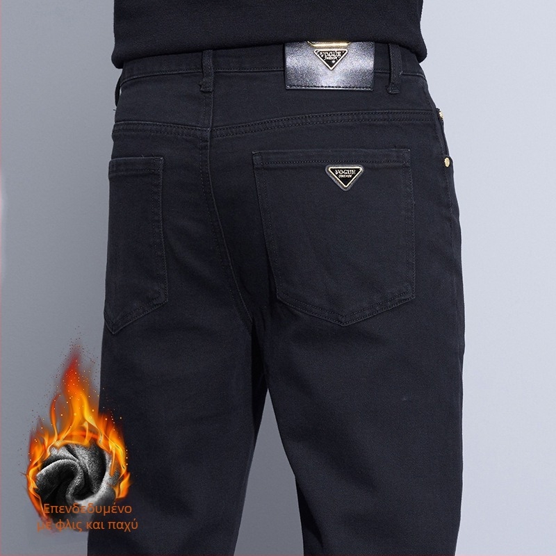 Ανδρικά jeans για φθινόπωρο/χειμώνα, κοπή slim-straight, μαύρα, επενδυμένα με fleece, χοντρά, ελαστικά, casual