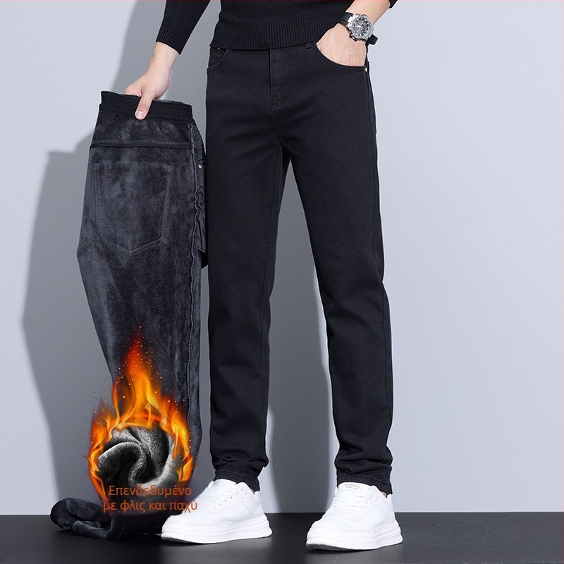 Ανδρικά jeans για φθινόπωρο/χειμώνα, κοπή slim-straight, μαύρα, επενδυμένα με fleece, χοντρά, ελαστικά, casual