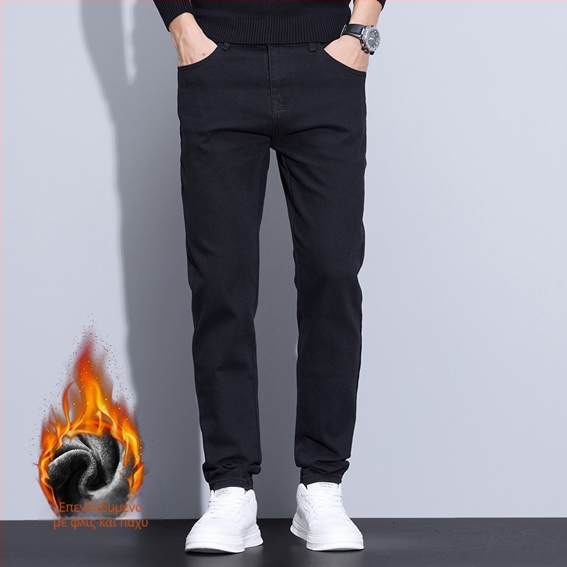 Ανδρικά jeans για φθινόπωρο/χειμώνα, κοπή slim-straight, μαύρα, επενδυμένα με fleece, χοντρά, ελαστικά, casual
