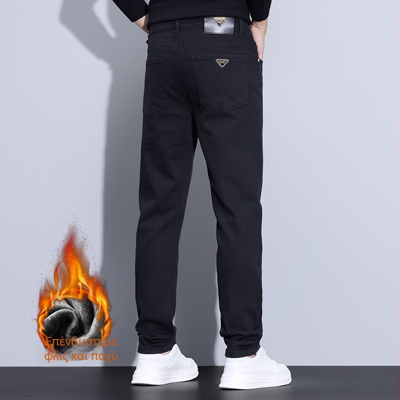 Ανδρικά jeans για φθινόπωρο/χειμώνα, κοπή slim-straight, μαύρα, επενδυμένα με fleece, χοντρά, ελαστικά, casual