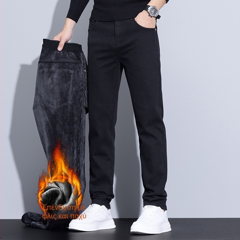 Ανδρικά jeans για φθινόπωρο/χειμώνα, κοπή slim-straight, μαύρα, επενδυμένα με fleece, χοντρά, ελαστικά, casual