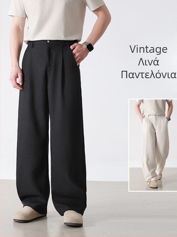 Ανδρικά λινά casual παντελόνια σε στυλ Old Money, ελαφριά καλοκαιρινή γραμμή, ίσιο κόψιμο με διπλές πιέσεις, χαλαρή φαρδιά εφαρμογή