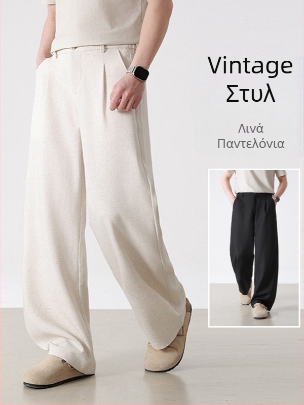 Ανδρικά λινά casual παντελόνια σε στυλ Old Money, ελαφριά καλοκαιρινή γραμμή, ίσιο κόψιμο με διπλές πιέσεις, χαλαρή φαρδιά εφαρμογή