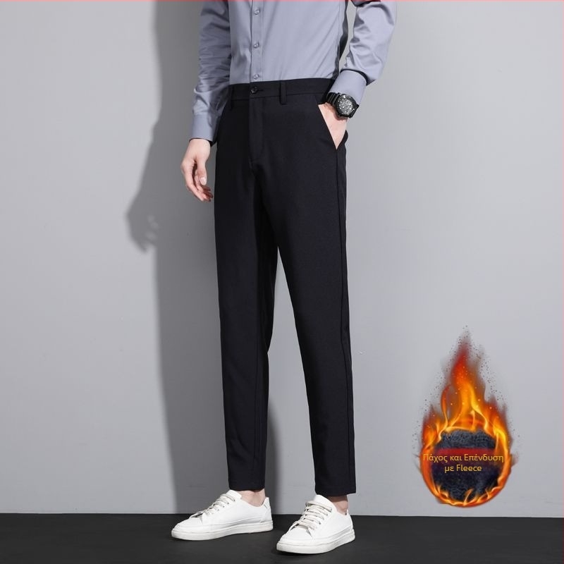 Ανδρικά παντελόνια με drape εφέ, fleece επένδυση και παχιά, ίσια/ελαφρώς χαλαρή γραμμή, μαύρα, μήκος μέχρι τον αστράγαλο, χειμώνας 2025