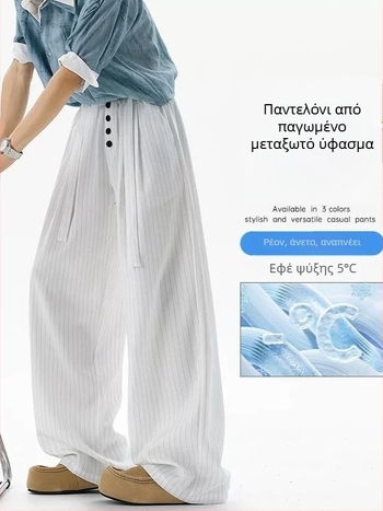 Ανδρικά παντελόνια ριγέ από Ice Silk, καλοκαίρι, ελαφριά, casual, χαλαρή γραμμή, φαρδιά παντελόνια, μέση με ζώνη