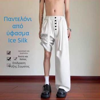 Ανδρικά ριγέ καλοκαιρινά παντελόνια από ύφασμα ice-silk, φαρδιά γραμμή, κομψή πτώση