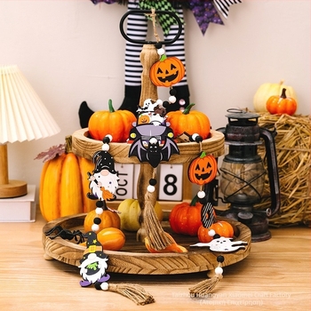 Ξύλινο κρεμαστό διακοσμητικό για το Halloween με χάντρες: κολοκύθα, φάντασμα και νυχτερίδα
