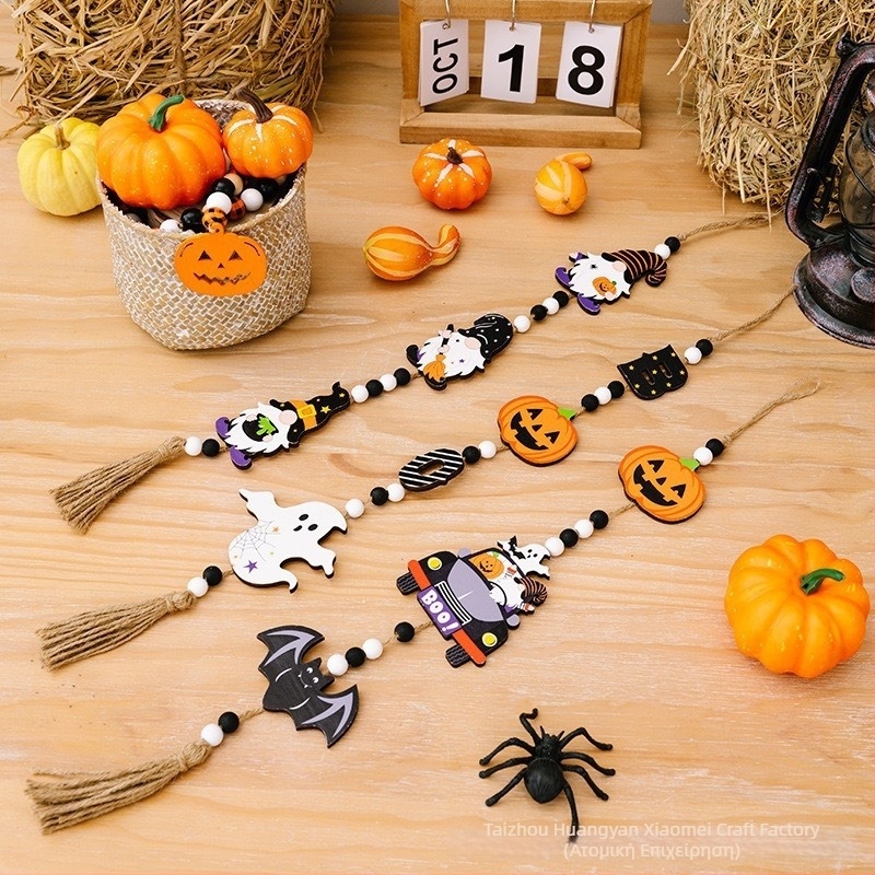Ξύλινο κρεμαστό διακοσμητικό για το Halloween με χάντρες: κολοκύθα, φάντασμα και νυχτερίδα