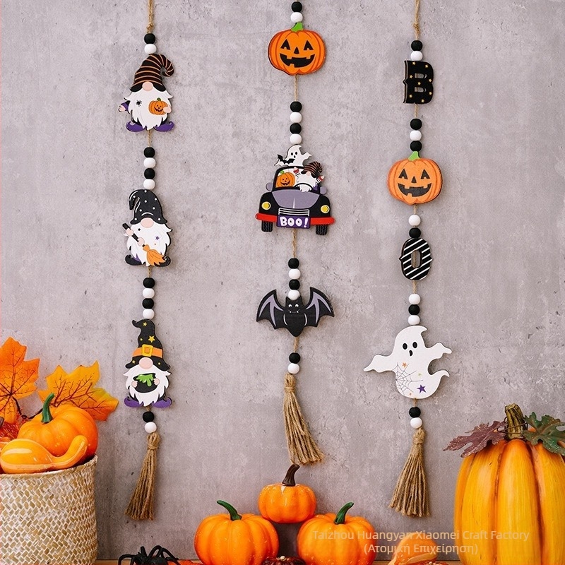 Ξύλινο κρεμαστό διακοσμητικό για το Halloween με χάντρες: κολοκύθα, φάντασμα και νυχτερίδα