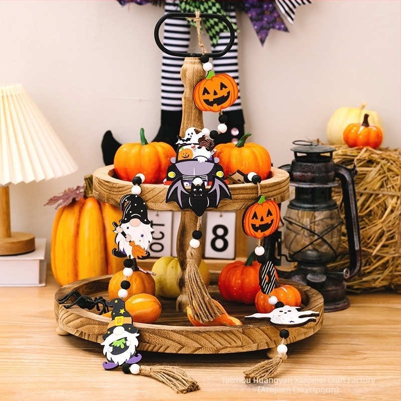Ξύλινο κρεμαστό διακοσμητικό για το Halloween με χάντρες: κολοκύθα, φάντασμα και νυχτερίδα