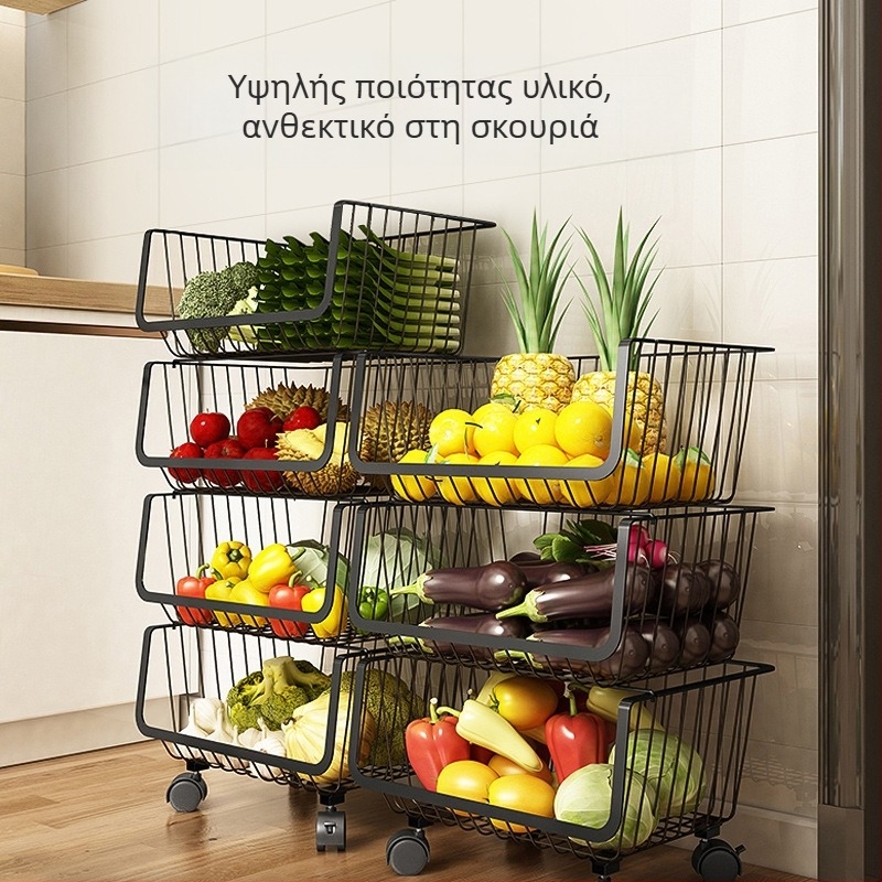 Πολυεπίπεδη ανοξείδωτη μεταλλική ραφιέρα κουζίνας με ρόδες και αποσπώμενο καλάθι φρούτων και λαχανικών