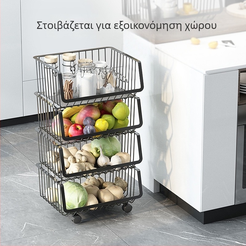 Πολυεπίπεδη ανοξείδωτη μεταλλική ραφιέρα κουζίνας με ρόδες και αποσπώμενο καλάθι φρούτων και λαχανικών