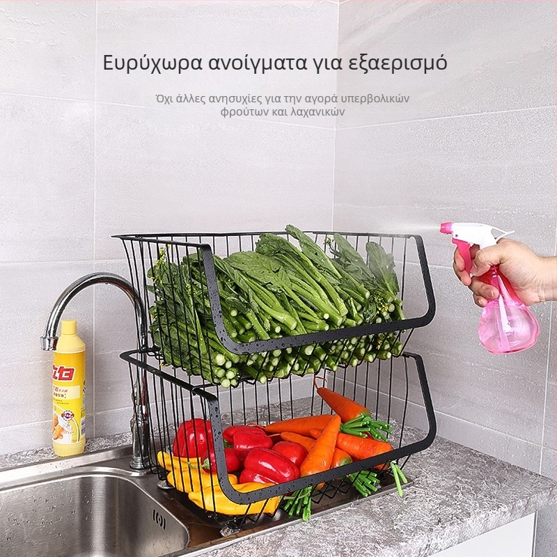 Πολυεπίπεδη ανοξείδωτη μεταλλική ραφιέρα κουζίνας με ρόδες και αποσπώμενο καλάθι φρούτων και λαχανικών