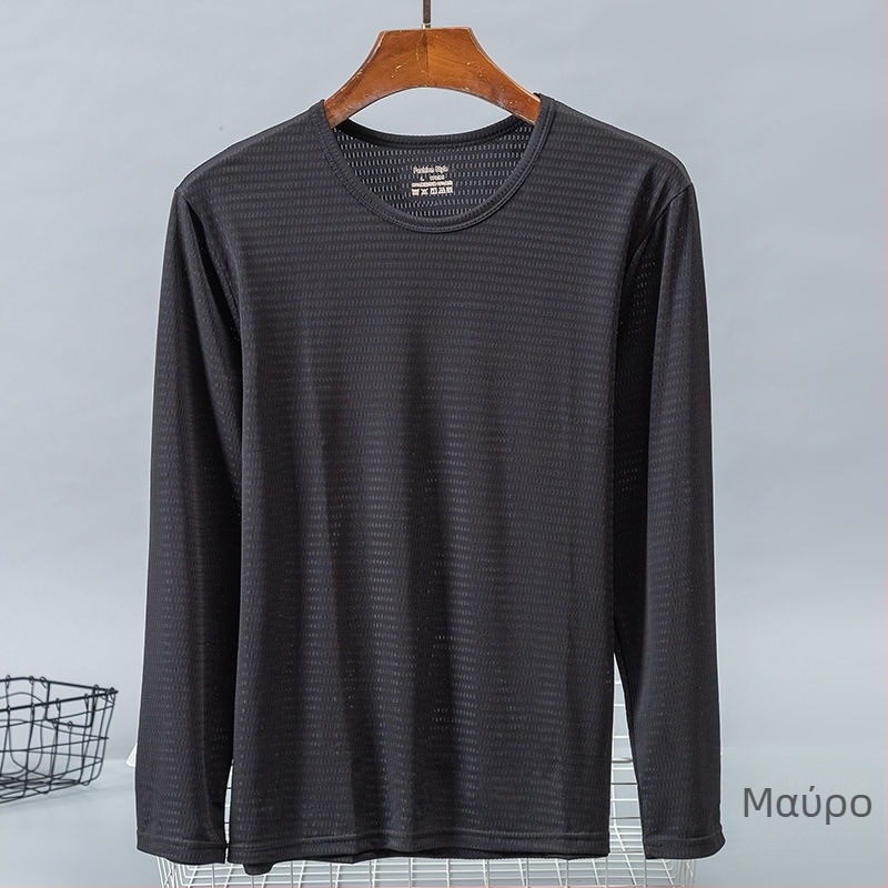 Ανδρικό Ice Silk μακρυμάνικο T‑shirt, καλοκαίρι, στρογγυλός λαιμός, μονόχρωμο, μεγάλο μέγεθος, ανάπνευση με δικτυωτό ύφασμα, γρήγορο στέγνωμα, αθλητικό T‑shirt