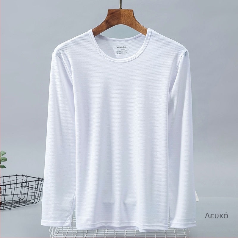 Ανδρικό Ice Silk μακρυμάνικο T‑shirt, καλοκαίρι, στρογγυλός λαιμός, μονόχρωμο, μεγάλο μέγεθος, ανάπνευση με δικτυωτό ύφασμα, γρήγορο στέγνωμα, αθλητικό T‑shirt