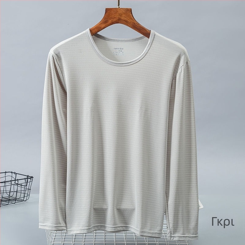 Ανδρικό Ice Silk μακρυμάνικο T‑shirt, καλοκαίρι, στρογγυλός λαιμός, μονόχρωμο, μεγάλο μέγεθος, ανάπνευση με δικτυωτό ύφασμα, γρήγορο στέγνωμα, αθλητικό T‑shirt