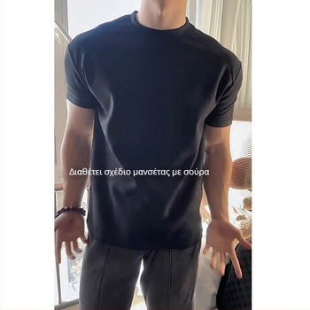 Μαύρη Sorona αντρική κοντομάνικη T‑shirt για καλοκαίρι, στενή γραμμή, ελαστικό ύφασμα, βαριά ύφανση, για γυμναστήριο