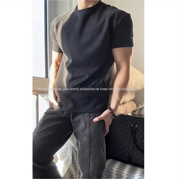 Μαύρη Sorona αντρική κοντομάνικη T‑shirt για καλοκαίρι, στενή γραμμή, ελαστικό ύφασμα, βαριά ύφανση, για γυμναστήριο