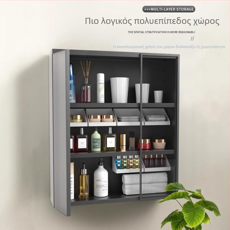 Τοίχο-μονταζόμενο ντουλάπι καθρέπτη μπάνιου με χώρο αποθήκευσης καλλυντικών, εγκατάσταση χωρίς τρύπες